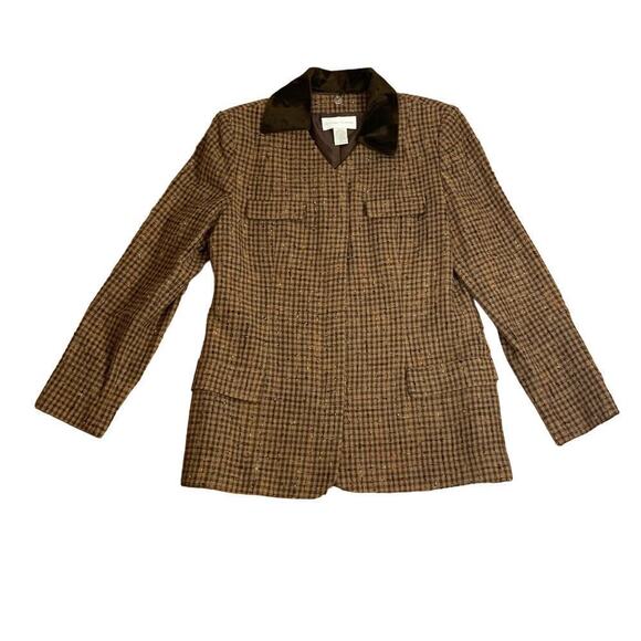 Casual Corner Brown Wool Blend Tweed Boxy Blazer w Removable Collar - Size 14 - Picture 3 of 9